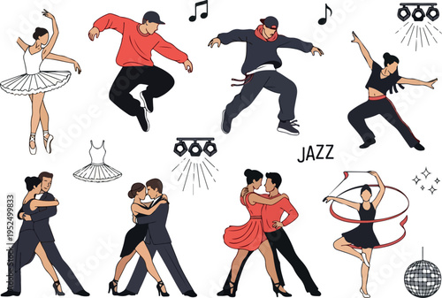 Collection of diverse dancers in various artistic poses, illustrating different dance styles and movements