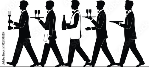 Waiter service silhouettes collection, restaurant catering staff walking with trays drinks and food hospitality vector illustration isolated on white