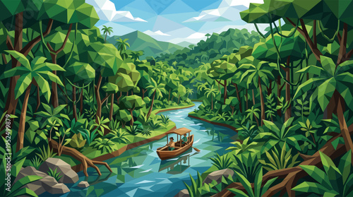A low-poly vector illustration showing two adventurers on a boat tour exploring a winding river through a lush green tropical jungle with mountains in the background.