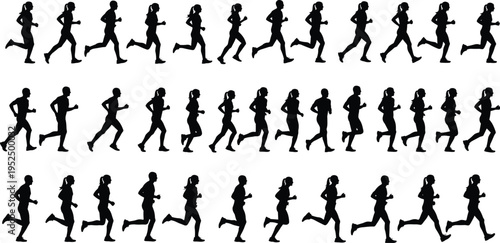 Running people silhouettes collection with male and female runners in different jogging poses, fitness training and sport activity illustration set