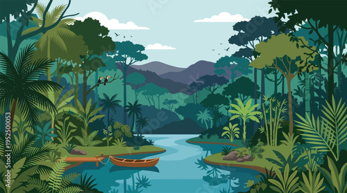 A serene vector illustration of a lush jungle river with a wooden boat docked, toucans on a branch, and mountains in the distance.