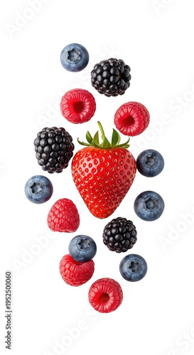 A large red strawberry surrounded by assorted berries isolated on transparent background