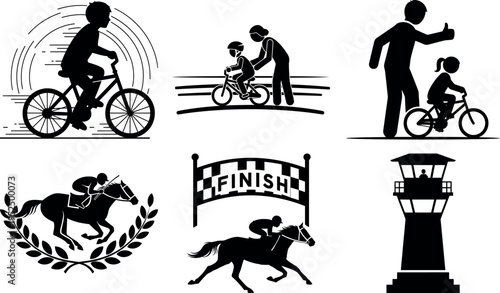 Collection of cycling and horse racing icons with finish line illustration