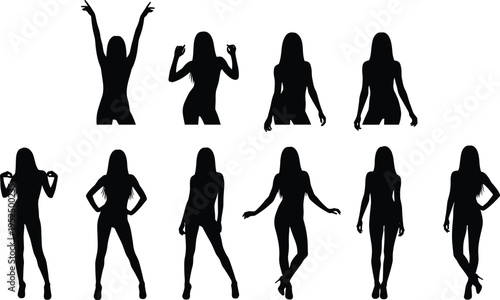 Sexy woman silhouette poses set, female body shape collection, elegant lady standing fashion model figures isolated vector illustration pack