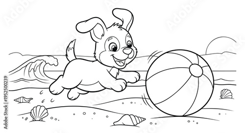 Vector illustration of a cartoon bunny playing with a beach ball on the beach