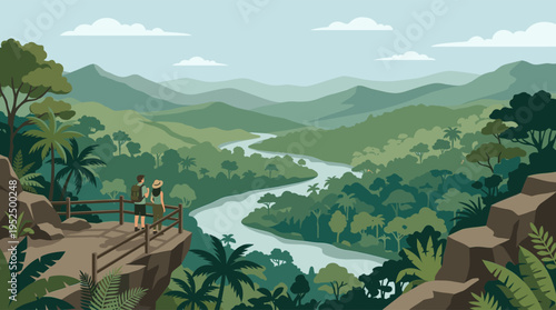 A couple of hikers with backpacks stand on a cliffside viewpoint, admiring the scenic panorama of a lush jungle, winding river, and distant mountains.