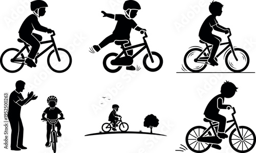 Happy children learning to ride bicycles with safety gear and guidance