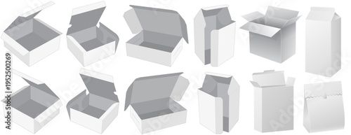 Open White Cardboard Box Mockup Set, Blank Paper Packaging Box Vector Templates with Different View Angles