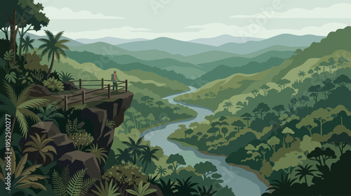 A hiker with a backpack stands on a cliff viewpoint, peacefully admiring a vast, lush tropical river valley with distant mountains in a flat vector illustration style.