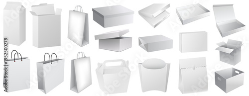 White Shopping Bag and Cardboard Box Mockup Set, Blank Paper Bag and Packaging Box Vector Templates for Retail Branding