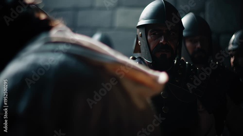 Man as Jesus Christ in prayer and sorrow amid guards. Biblical scene reflecting his suffering on Good Friday. Historical religious drama of Christian faith.