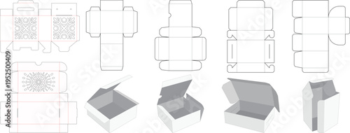 Packaging Box Dieline Template Set with 3D Mockups, Cardboard Folding Box Vector Layouts for Product Packaging