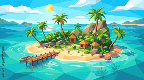 A low poly vector illustration of an idyllic tropical island paradise with palm trees, huts, and a pier in clear blue water on a sunny day.