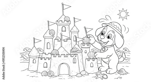Vector illustration of a cartoon rabbit building sandcastle