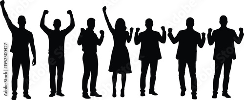 Successful people celebrating silhouette set, business team victory poses collection, raising fists achievement success concept isolated vector illustration