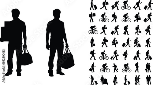 Traveler and commuter silhouettes collection with people carrying luggage, walking, cycling and commuting, travel lifestyle illustration set