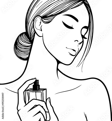 Beautiful young woman applying perfume on her neck, close-up. Minimalist vector portrait of a girl with perfume bottle and spray. Beauty and fragrance concept