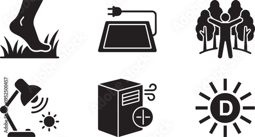 Eco-Wellness and Grounding Vector Icon Set: Earthing Foot, Grounding Mat, Forest Bathing, Sunlight Therapy Lamp, and Air Purifier Silhouettes
