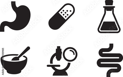 Gut Health and Microbiome Vector Icon Set: Probiotic Capsule, Stomach Silhouette, Fermented Kombucha, Yogurt Bowl, and Intestinal Tract