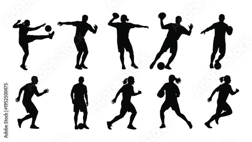 Set of black silhouettes of men playing soccer