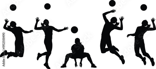 Volleyball player silhouette set, athlete jumping hitting ball poses collection, sport action movement isolated vector illustration pack