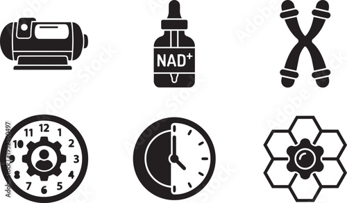 Longevity and Anti-Aging Vector Icon Set: Hyperbaric Chamber, NAD+ Infusion, Telomeres, Bio Age Clock, and Intermittent Fasting Timer