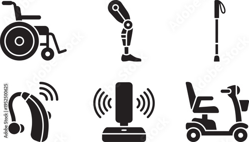 Accessibility and Modern Mobility Vector Icon Set: Active Wheelchair, Robotic Prosthetic, Smart White Cane, Hearing Aid, and Mobility Scooter