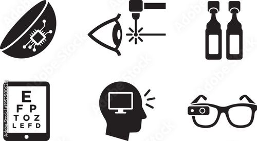 Vision and Eye Wellness Vector Icon Set: Smart Contact Lens, Laser Eye Surgery, Eye Drops, Digital Eye Strain, and Smart Glasses Silhouettes