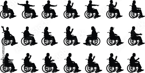 Wheelchair user silhouettes collection, disabled people sitting in wheelchairs, different gestures and poses, disability awareness, accessibility concept, inclusive healthcare illustration set