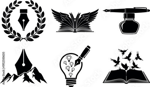 Creative writing and inspiration icons set with pens books and lightbulbs
