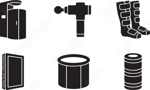 Advanced Physical Recovery Vector Icon Set: Cryotherapy Chamber, Massage Gun, Compression Boots, Red Light Therapy, and Cold Plunge Tub