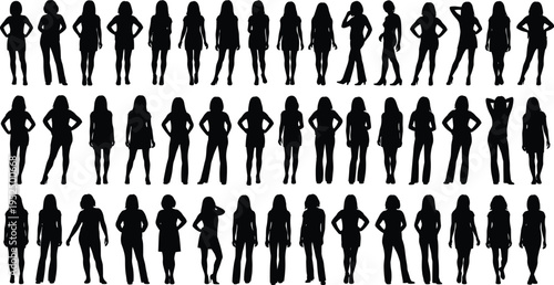 Women silhouettes collection with female standing poses, fashion models and casual women figures, modern lifestyle illustration set