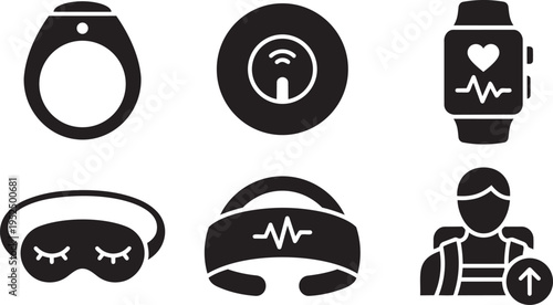 Bio-hacking and Wearable Health Tech Vector Icon Set: Smart Ring, CGM Patch, Heart Rate Smartwatch, Sleep Mask, and Brainwave Headband