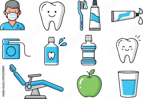 Dental care and oral hygiene icons, including a dentist, toothbrush, toothpaste, mouthwash, floss, a dental chair, an apple, and a glass of water