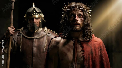 Man dressed as Jesus Christ wears crown of thorns while a Roman soldier guards him in a stone dungeon. Biblical scene depicting suffering on Good Friday event.