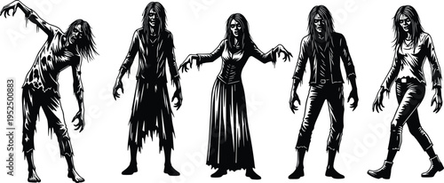 Zombie character silhouettes collection, scary undead people walking and standing poses, horror Halloween monsters, creepy apocalypse creatures illustration set