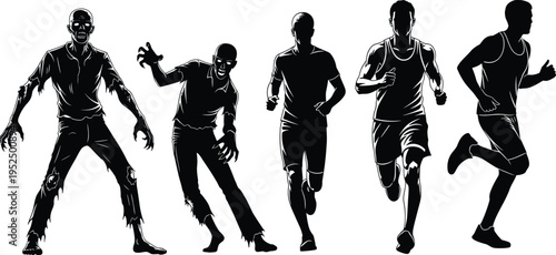 Zombie chasing runner silhouettes collection, scary undead monster pursuing running athlete, horror apocalypse concept illustration set