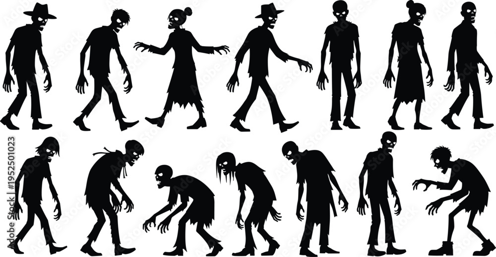 Fototapeta premium Zombie silhouettes collection with scary undead characters walking and attacking poses, horror Halloween monsters illustration set