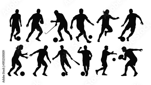 Silhouettes of soccer players in various poses