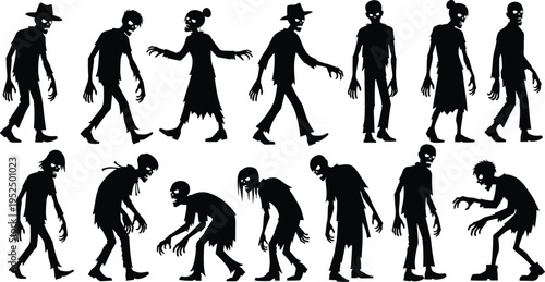 Zombie silhouettes collection with scary undead characters walking and attacking poses, horror Halloween monsters illustration set