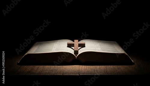 Bible, Cross, Christianity, Religion, Faith, Holy Bible, Scripture, open on a wooden table with dramatic spotlighting, representing spirituality, devotion, and sacred study.