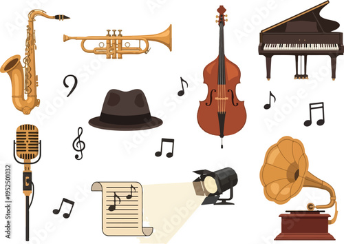 Collection of musical instruments and accessories, including a saxophone, trumpet, piano, double bass, microphone, and gramophone, representing music and performance
