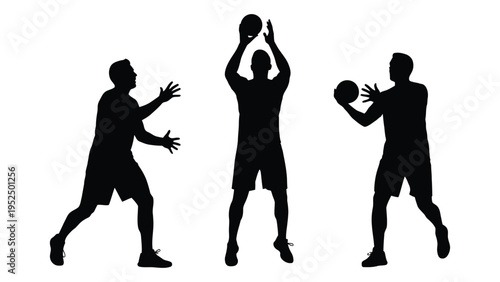 Three silhouettes of men playing basketball