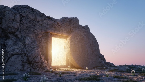 Empty tomb, resurrection, Easter, Jesus Christ, stone rolled away, light, miracle glowing from a rocky cave at dawn, symbolizing faith, hope, and salvation for all believers.