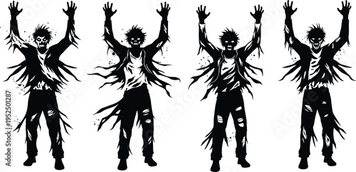Zombie silhouettes with raised hands, scary undead characters attacking, horror Halloween monsters, creepy apocalypse infected people illustration set