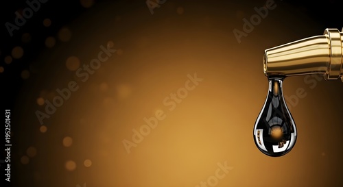 Single Drop of Crude Oil on Gold Nozzle, High Fuel Price and Energy Crisis Concept