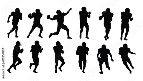 A group of football players in various running poses