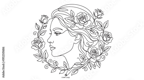 Elegant Continuous Line Art Vector Illustration of a Woman's Profile with Wavy Hair and a Wreath of Blooming Roses, Perfect for Beauty, Nature, and Femininity Designs