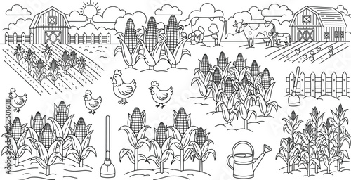 Corn Farm Agriculture Illustration Set with Barn, Cornfields, Farmers, Chickens, and Farming Tools for Rural Harvest Vector Designs