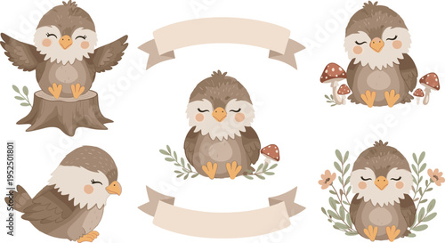 Cute Cartoon Owl Character Collection with Forest Elements, Mushrooms, Tree Stump, and Decorative Ribbons for Woodland Nursery Vector Designs